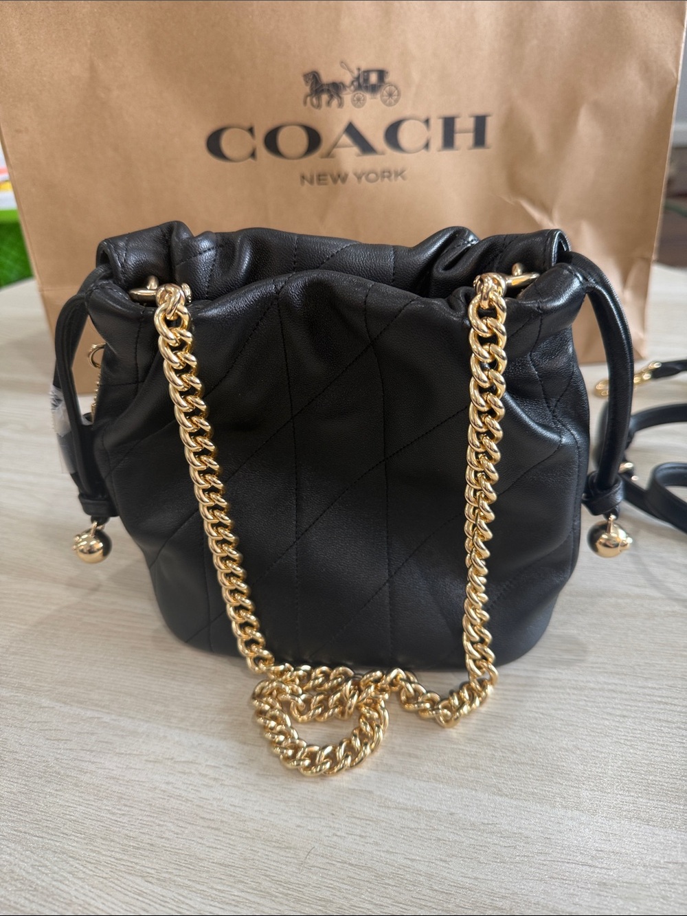 Coach Faye Mini Drawstring Bag With Quilting Gold/Black - Picture 3 of 4